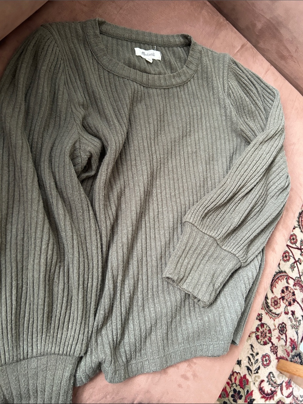 Madewell Brush Ribbed Top Womens Medium Green 3/4 Blouson Sleeve Sweater - Picture 2 of 6
